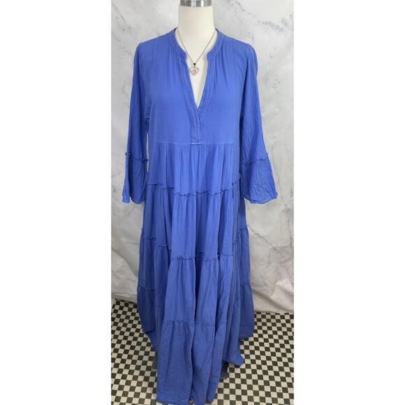 Anthropologie Devotion Twins Peasant Maxi Dress S Blue Tiered Bell Sleeve Boho - Picture 12 of 16